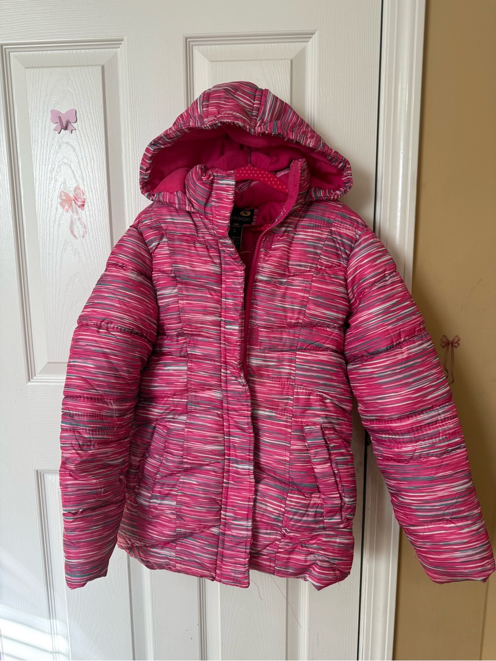 Xersion Pink Striped Hooded Puffer Jacket